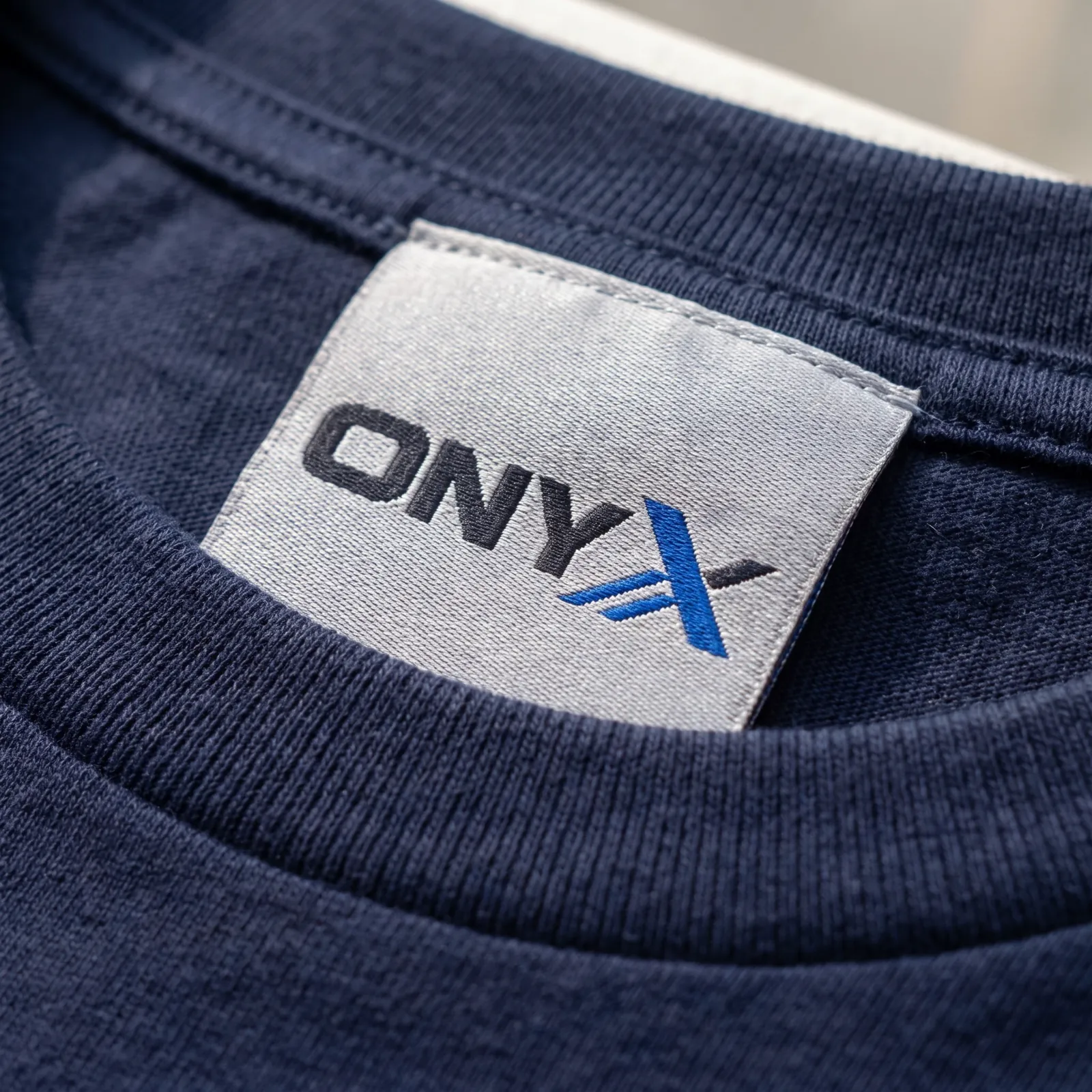 Woven neck label with the Onyx Stitch logo